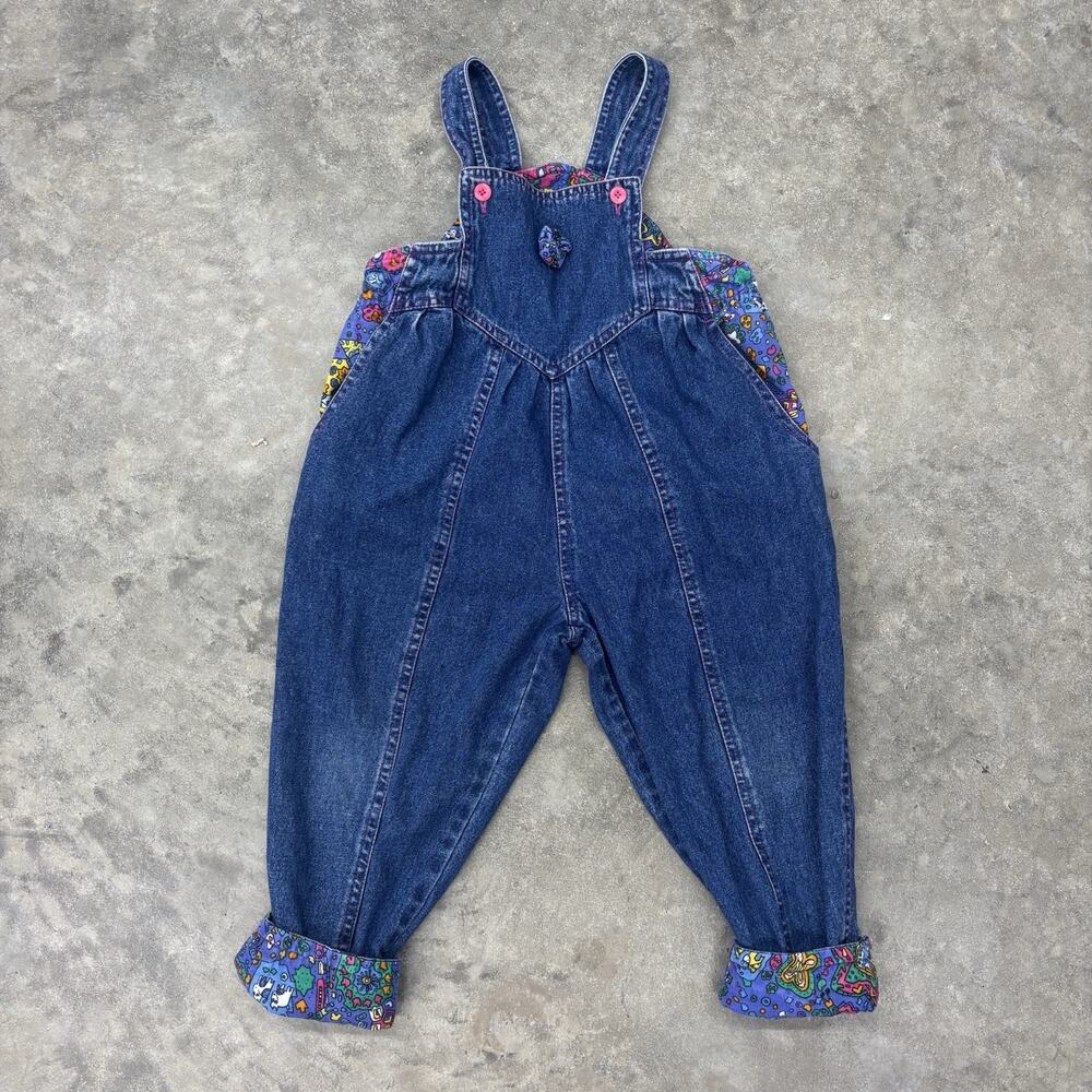 Vintage Lyka Bear Little Girls Sz 5 Denim Overalls Colorful 90s Full House Vtg